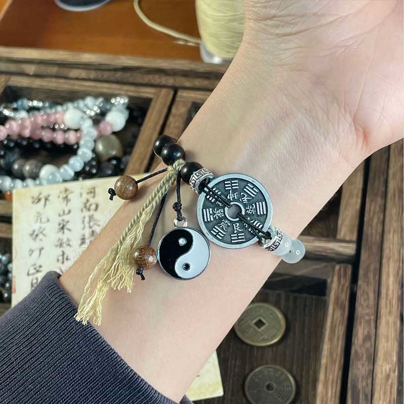 Buddha Stones Kocie Oko Drewno Hebanowe Yin Yang Bagua Podtrzymująca Monetę Bransoletka Lina