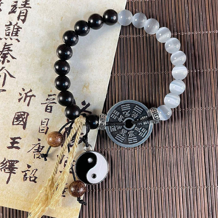 Buddha Stones Kocie Oko Drewno Hebanowe Yin Yang Bagua Podtrzymująca Monetę Bransoletka Lina