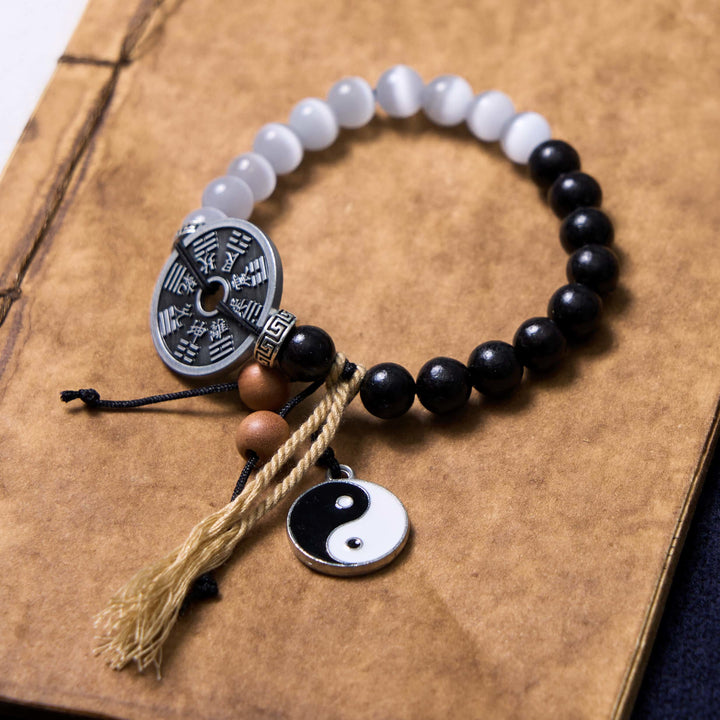 Buddha Stones Kocie Oko Drewno Hebanowe Yin Yang Bagua Podtrzymująca Monetę Bransoletka Lina