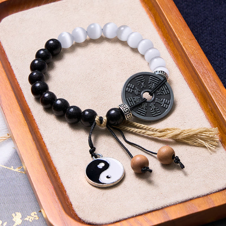 Buddha Stones Kocie Oko Drewno Hebanowe Yin Yang Bagua Podtrzymująca Monetę Bransoletka Lina