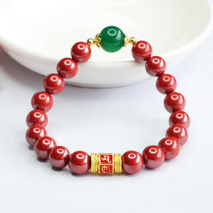 Buddha Stones Naturalny Agat Cinnabar Zielony Om Mani Padme Hum Wzór Błogosławieństwa Bransoletka