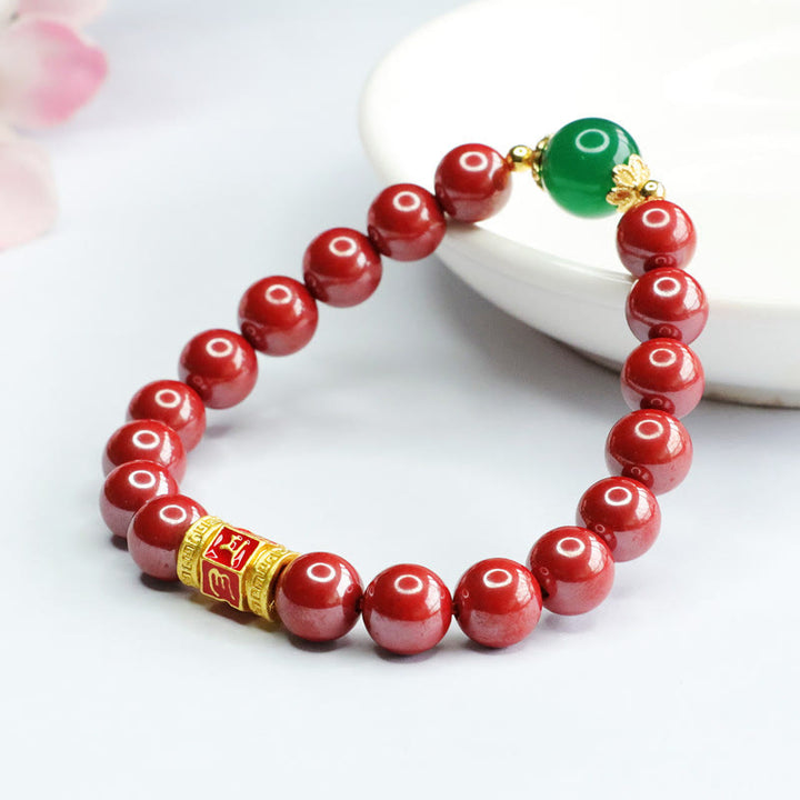 Buddha Stones Naturalny Agat Cinnabar Zielony Om Mani Padme Hum Wzór Błogosławieństwa Bransoletka