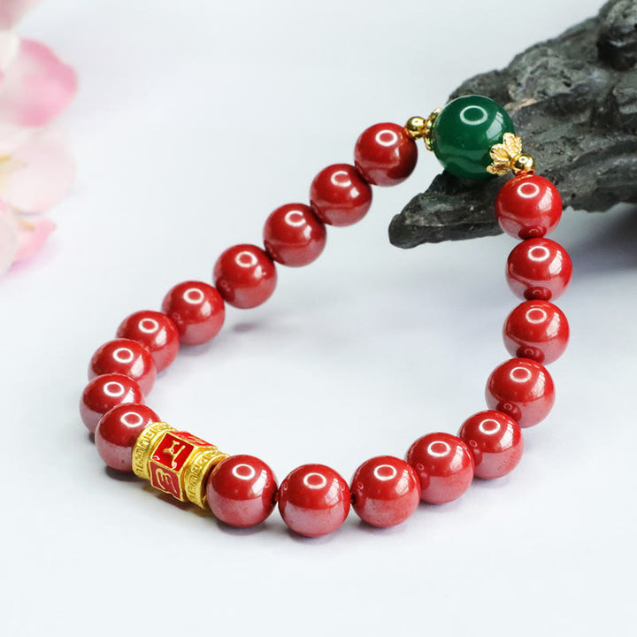 Buddha Stones Naturalny Agat Cinnabar Zielony Om Mani Padme Hum Wzór Błogosławieństwa Bransoletka