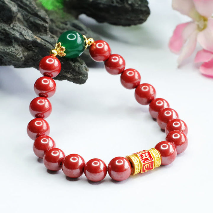 Buddha Stones Naturalny Agat Cinnabar Zielony Om Mani Padme Hum Wzór Błogosławieństwa Bransoletka