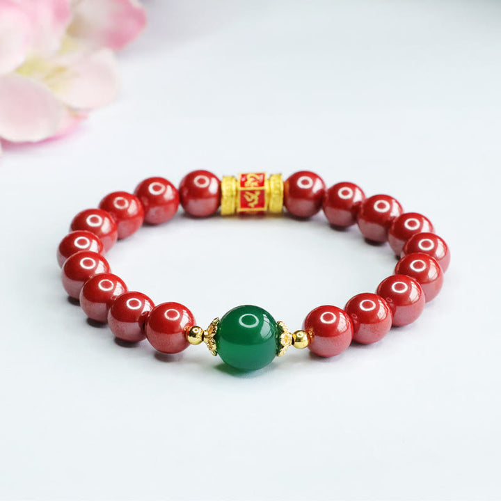 Buddha Stones Naturalny Agat Cinnabar Zielony Om Mani Padme Hum Wzór Błogosławieństwa Bransoletka