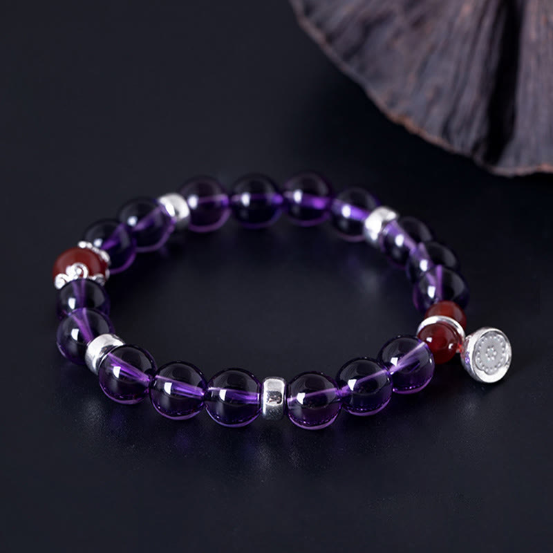 Buddha Stones 925 Srebro Sterling Naturalny Ametyst Czerwony Agat Bransoletka Lotus Positive