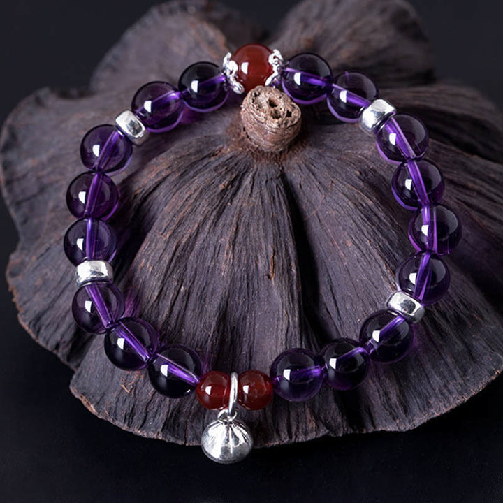 Buddha Stones 925 Srebro Sterling Naturalny Ametyst Czerwony Agat Bransoletka Lotus Positive
