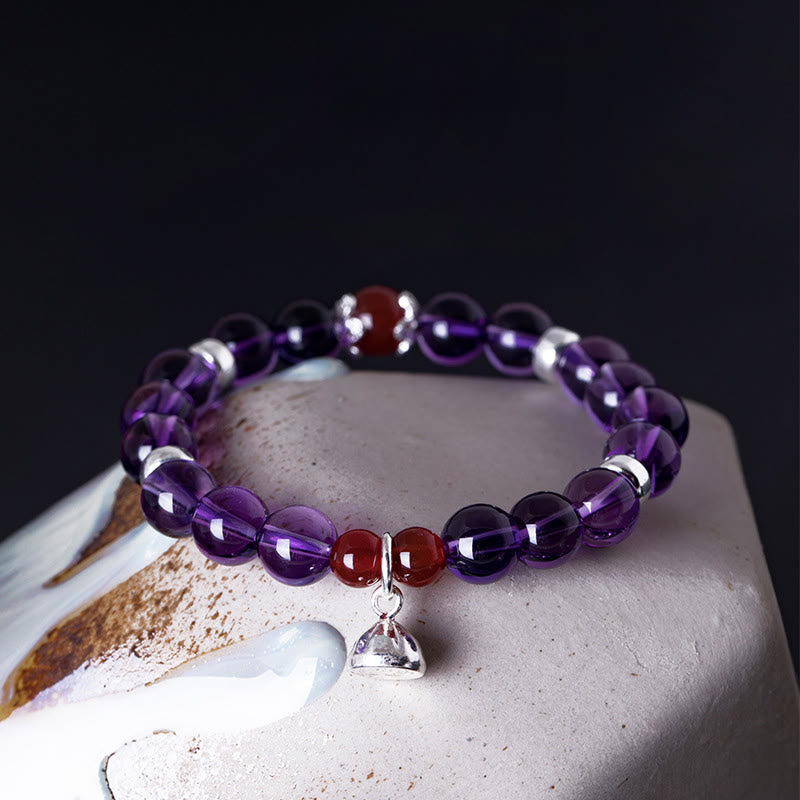 Buddha Stones 925 Srebro Sterling Naturalny Ametyst Czerwony Agat Bransoletka Lotus Positive