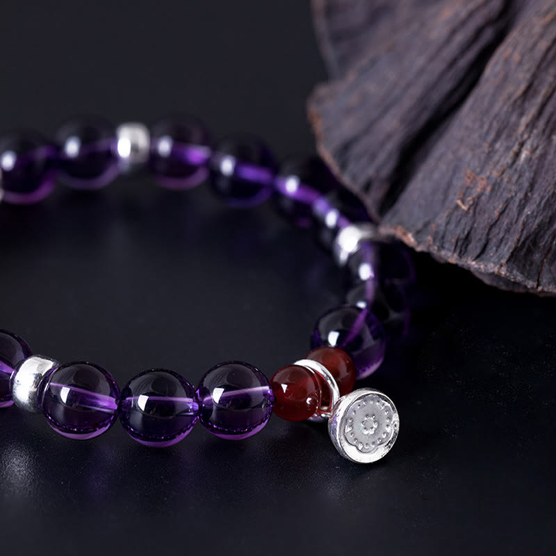 Buddha Stones 925 Srebro Sterling Naturalny Ametyst Czerwony Agat Bransoletka Lotus Positive