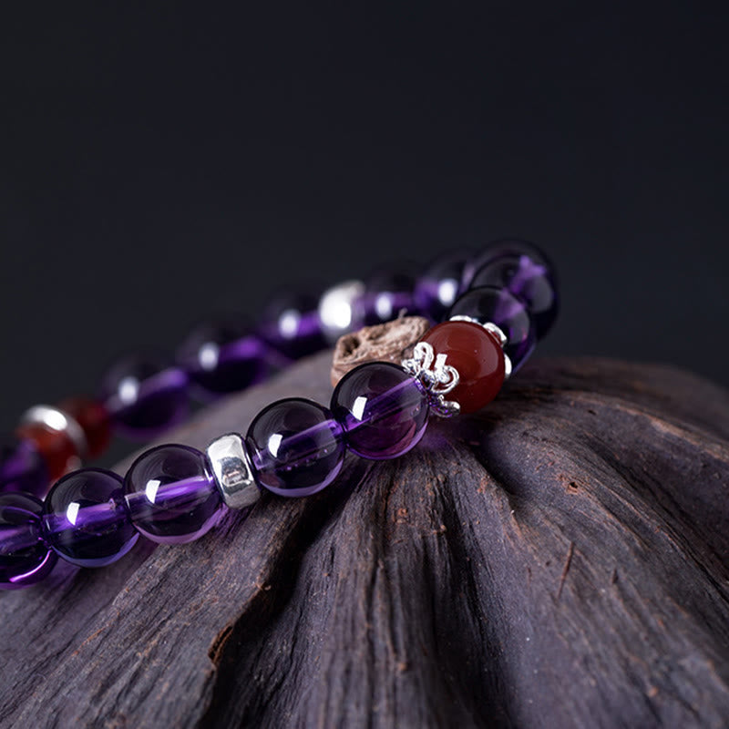 Buddha Stones 925 Srebro Sterling Naturalny Ametyst Czerwony Agat Bransoletka Lotus Positive