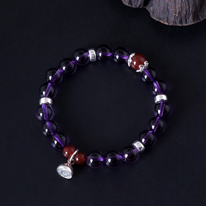 Buddha Stones 925 Srebro Sterling Naturalny Ametyst Czerwony Agat Bransoletka Lotus Positive