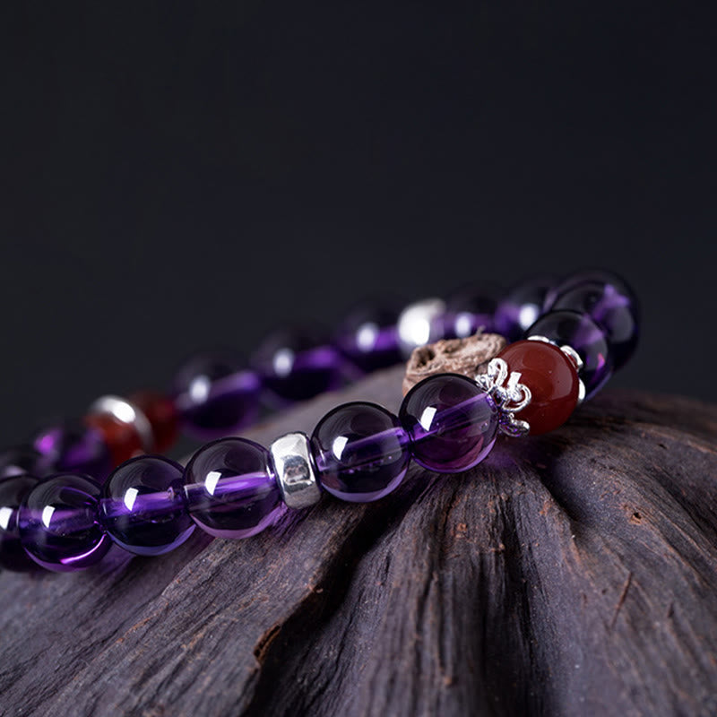 Buddha Stones 925 Srebro Sterling Naturalny Ametyst Czerwony Agat Bransoletka Lotus Positive