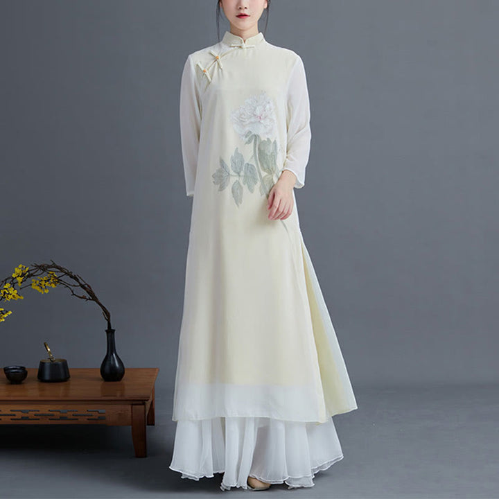 Buddha Stones 2 szt. Peonia Kwiat Cheongsam Midi Sukienka Spódnica Szyfon Zen Odzież Damska Zestaw