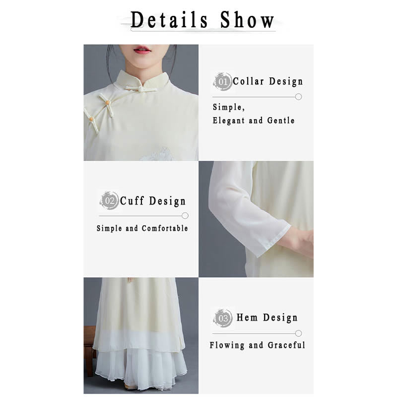 Buddha Stones 2 szt. Peonia Kwiat Cheongsam Midi Sukienka Spódnica Szyfon Zen Odzież Damska Zestaw - image 4