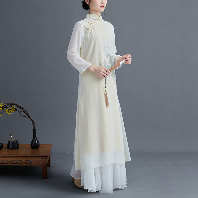 Buddha Stones 2 szt. Peonia Kwiat Cheongsam Midi Sukienka Spódnica Szyfon Zen Odzież Damska Zestaw - image 2