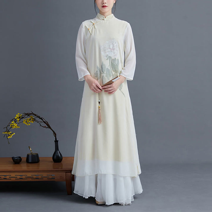 Buddha Stones 2 szt. Peonia Kwiat Cheongsam Midi Sukienka Spódnica Szyfon Zen Odzież Damska Zestaw - image 1