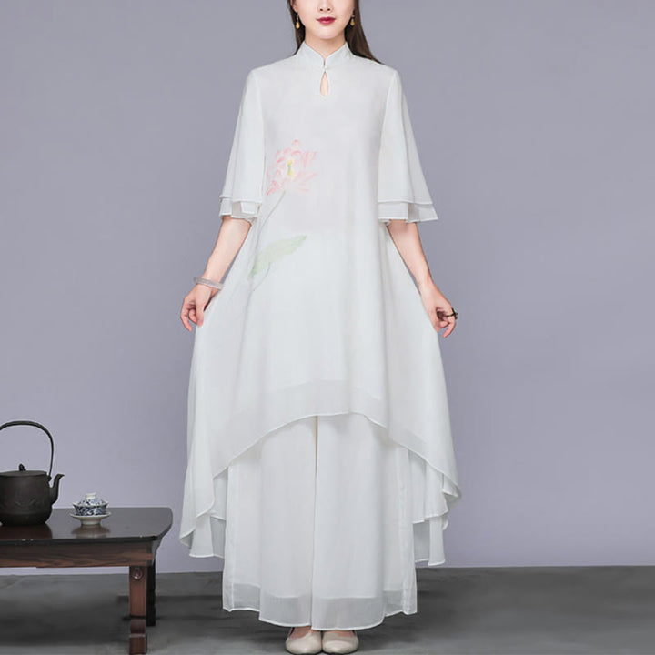 Buddha Stones 2 szt. Kwiat Lotosu Cheongsam Sukienka Midi Szerokie Spodnie Szyfon Zen Zestaw Damski - Sukienka i spodnie - US12, UK/AU16, EU44 (2XL)  - image 0