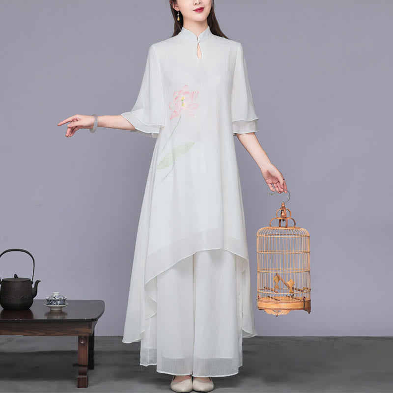 Buddha Stones 2 szt. Kwiat Lotosu Cheongsam Sukienka Midi Szerokie Spodnie Szyfon Zen Zestaw Damski - image 1