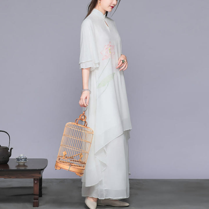 Buddha Stones 2 szt. Kwiat Lotosu Cheongsam Sukienka Midi Szerokie Spodnie Szyfon Zen Zestaw Damski - image 2