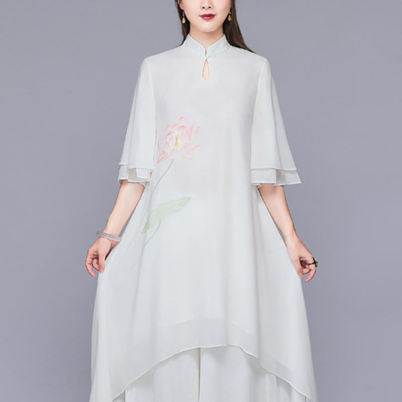 Buddha Stones 2 szt. Kwiat Lotosu Cheongsam Sukienka Midi Szerokie Spodnie Szyfon Zen Zestaw Damski - Sukienka (tylko sukienka) - US12, UK/AU16, EU44 (2XL)  - image 5