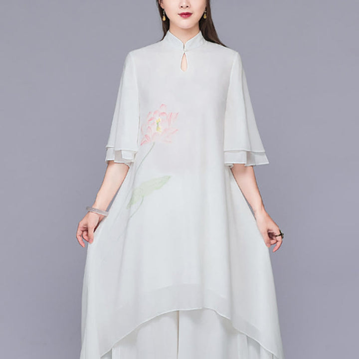 Buddha Stones 2 szt. Kwiat Lotosu Cheongsam Sukienka Midi Szerokie Spodnie Szyfon Zen Zestaw Damski - Sukienka (tylko sukienka) - US12, UK/AU16, EU44 (2XL)  - image 5