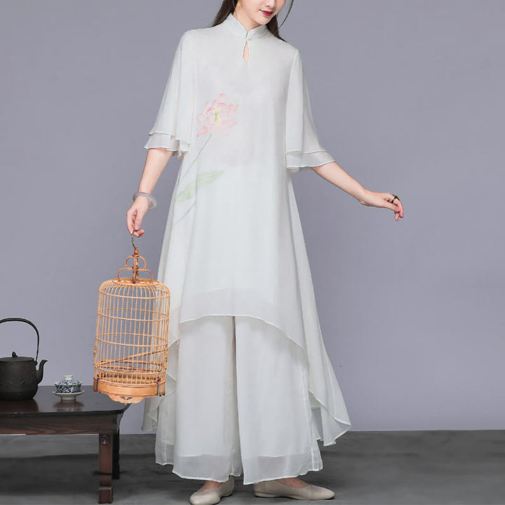 Buddha Stones 2 szt. Kwiat Lotosu Cheongsam Sukienka Midi Szerokie Spodnie Szyfon Zen Zestaw Damski - image 3