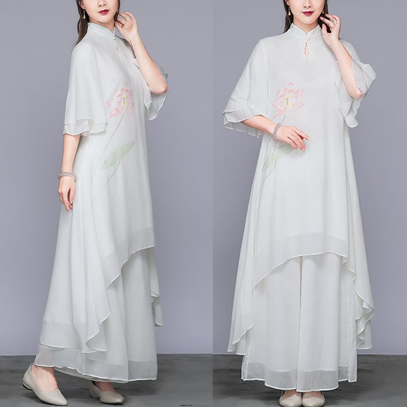 Buddha Stones 2 szt. Kwiat Lotosu Cheongsam Sukienka Midi Szerokie Spodnie Szyfon Zen Zestaw Damski - image 4