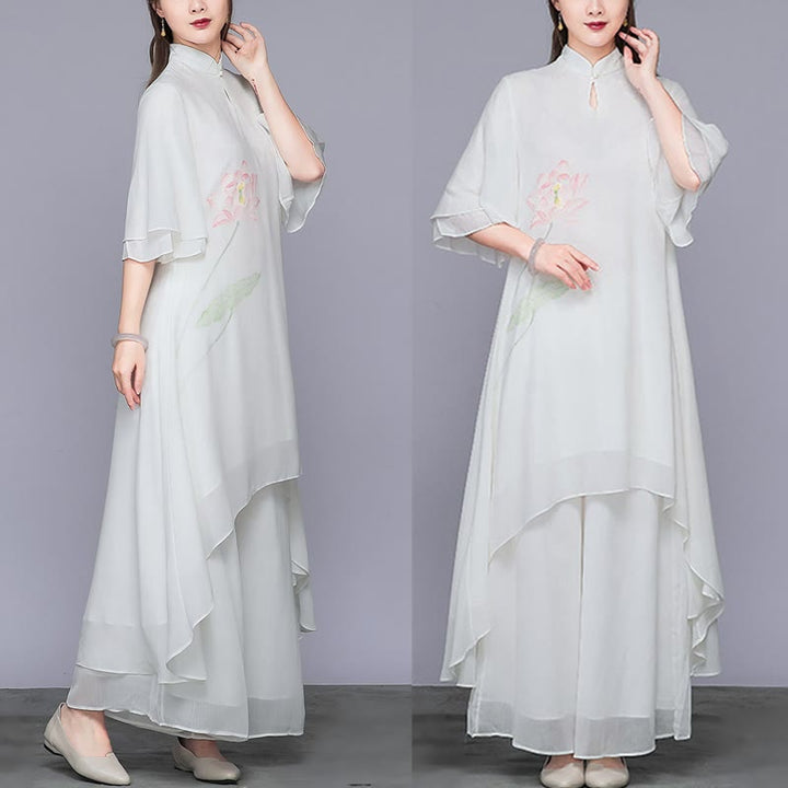 Buddha Stones 2 szt. Kwiat Lotosu Cheongsam Sukienka Midi Szerokie Spodnie Szyfon Zen Zestaw Damski - image 4