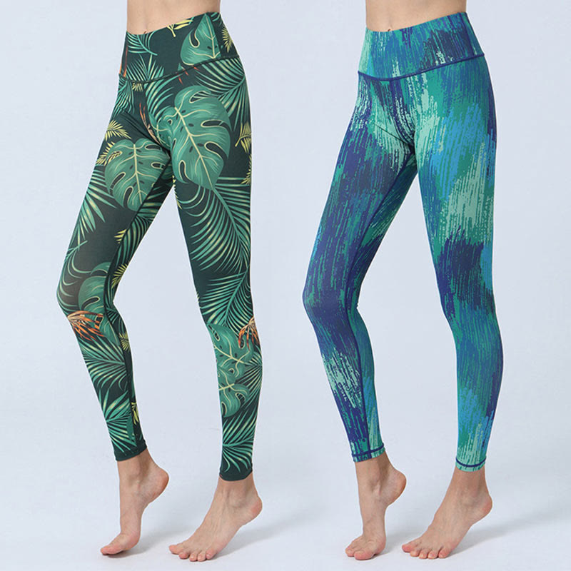 Buddha Stones Liście Nadruk Sport Fitness Joga Wysoki Stan Legginsy Damskie Spodnie do Jogi - image 0