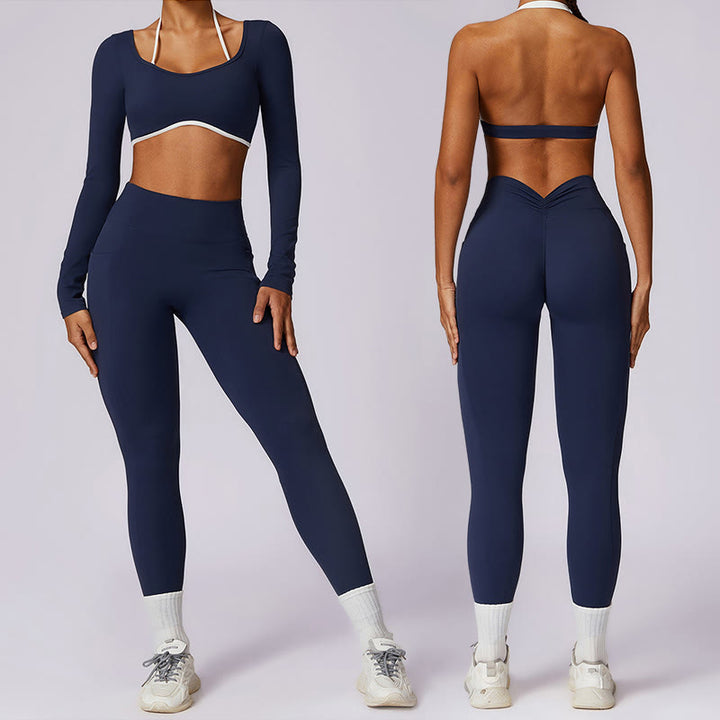 Buddha Stones Jednokolorowy biustonosz z dekoltem halter Długi rękaw Crop Tank Top Spodnie Sport Fitness Siłownia Joga Stroje