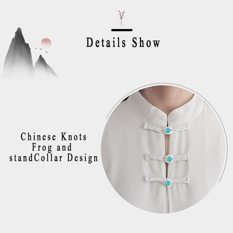 Buddha Stones 2 szt. Żaba-guzik Długi rękaw Midi Sukienka Szerokie Nogawki Spodnie Szyfon Zen Zestaw Damski - image 7