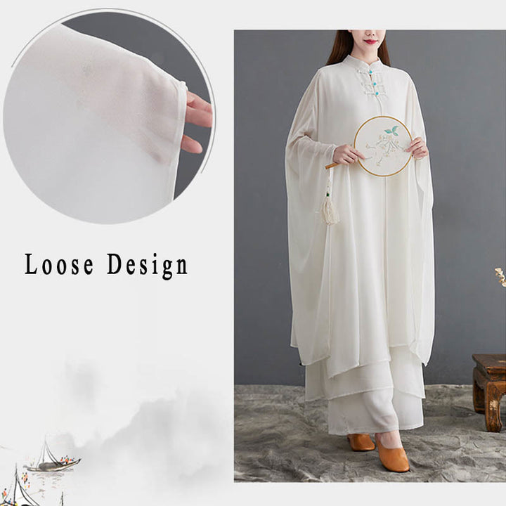 Buddha Stones 2 szt. Żaba-guzik Długi rękaw Midi Sukienka Szerokie Nogawki Spodnie Szyfon Zen Zestaw Damski - image 8