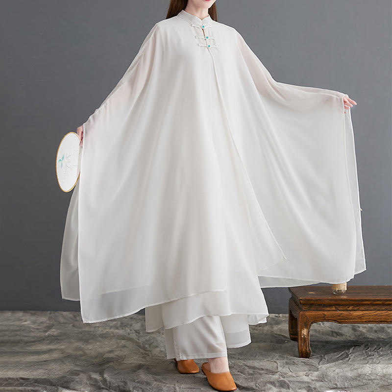 Buddha Stones 2 szt. Żaba-guzik Długi rękaw Midi Sukienka Szerokie Nogawki Spodnie Szyfon Zen Zestaw Damski - image 5