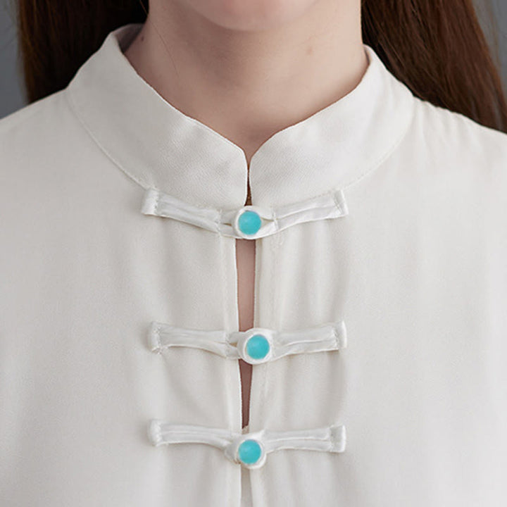 Buddha Stones 2 szt. Żaba-guzik Długi rękaw Midi Sukienka Szerokie Nogawki Spodnie Szyfon Zen Zestaw Damski - image 9