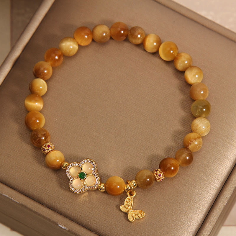 Bransoletka ochronna z Buddha Stones Tygrysie Oko Czterolistna Koniczyna Motyl
