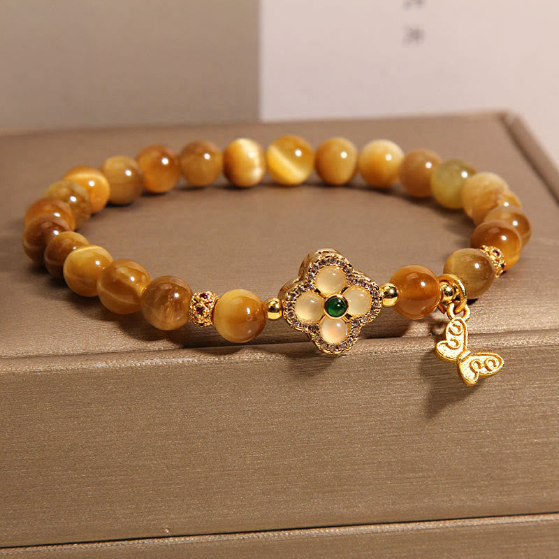 Bransoletka ochronna z Buddha Stones Tygrysie Oko Czterolistna Koniczyna Motyl