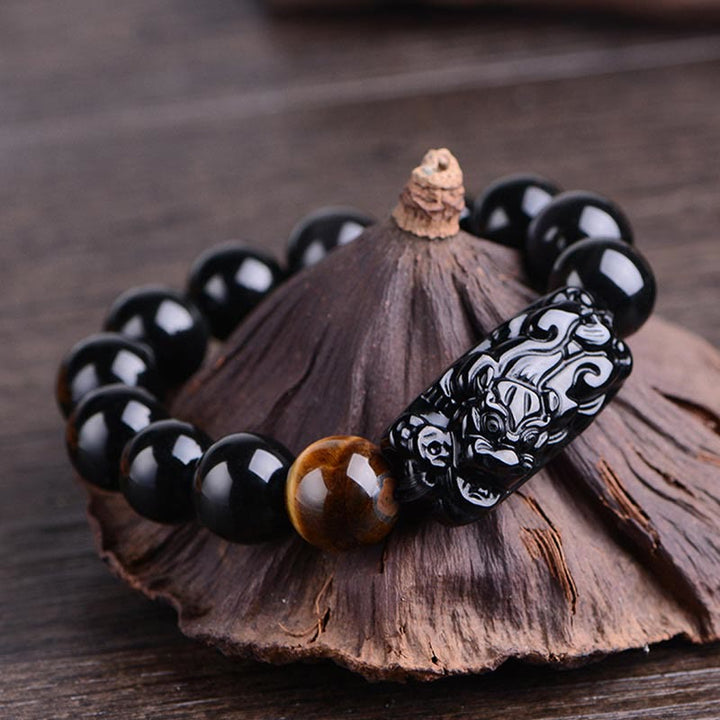 Buddha Stones Naturalny Czarny Obsydian PiXiu Tygrysie Oko Bransoletka Siłowa