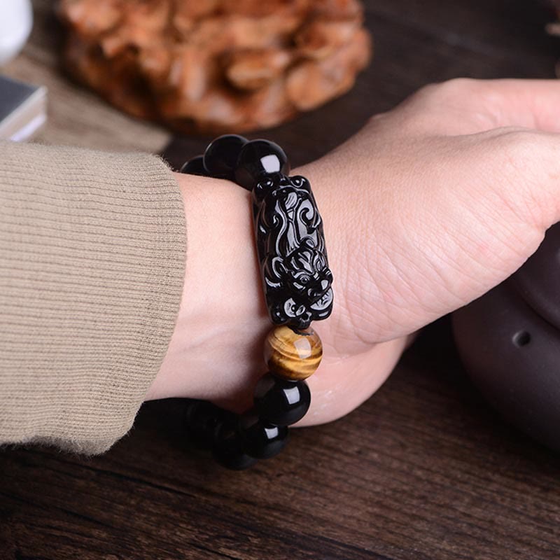 Buddha Stones Naturalny Czarny Obsydian PiXiu Tygrysie Oko Bransoletka Siłowa