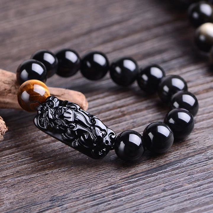 Buddha Stones Naturalny Czarny Obsydian PiXiu Tygrysie Oko Bransoletka Siłowa