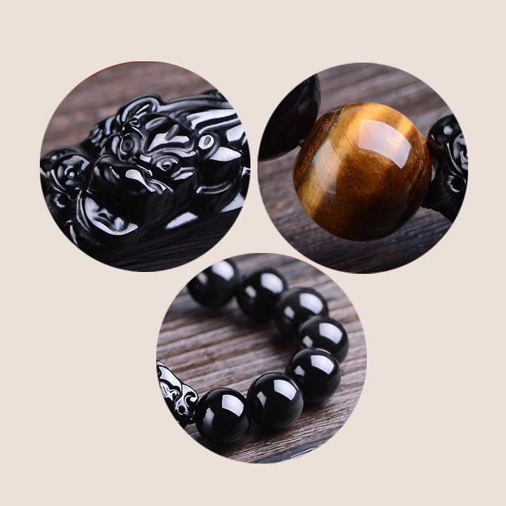 Buddha Stones Naturalny Czarny Obsydian PiXiu Tygrysie Oko Bransoletka Siłowa