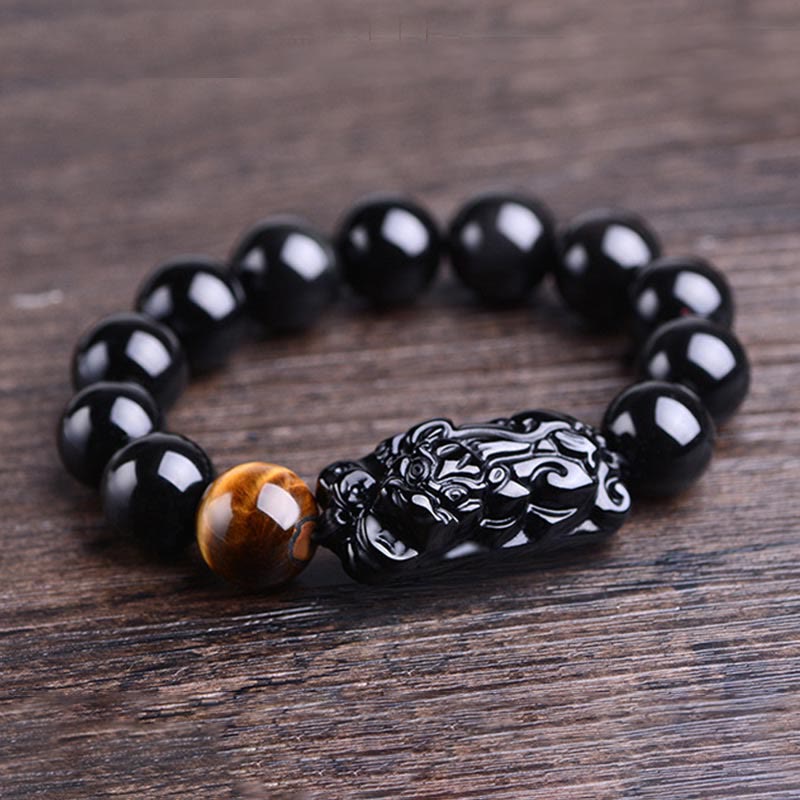 Buddha Stones Naturalny Czarny Obsydian PiXiu Tygrysie Oko Bransoletka Siłowa