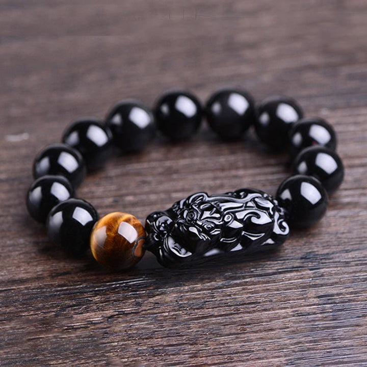 Buddha Stones Naturalny Czarny Obsydian PiXiu Tygrysie Oko Bransoletka Siłowa