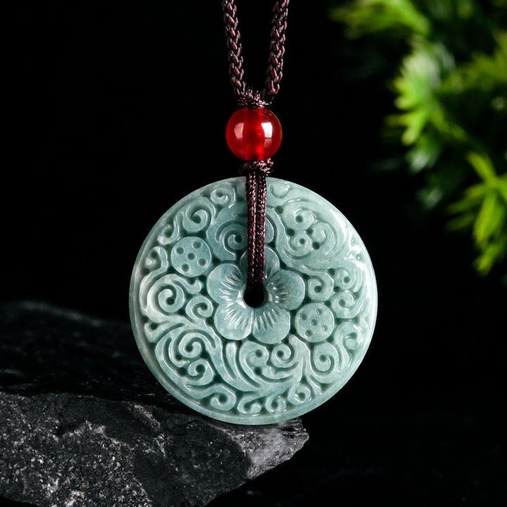 Buddha Stones Zielony Jade Kwiat Rzeźbiony Pokój Klamra Obfitość Naszyjnik Wisiorek