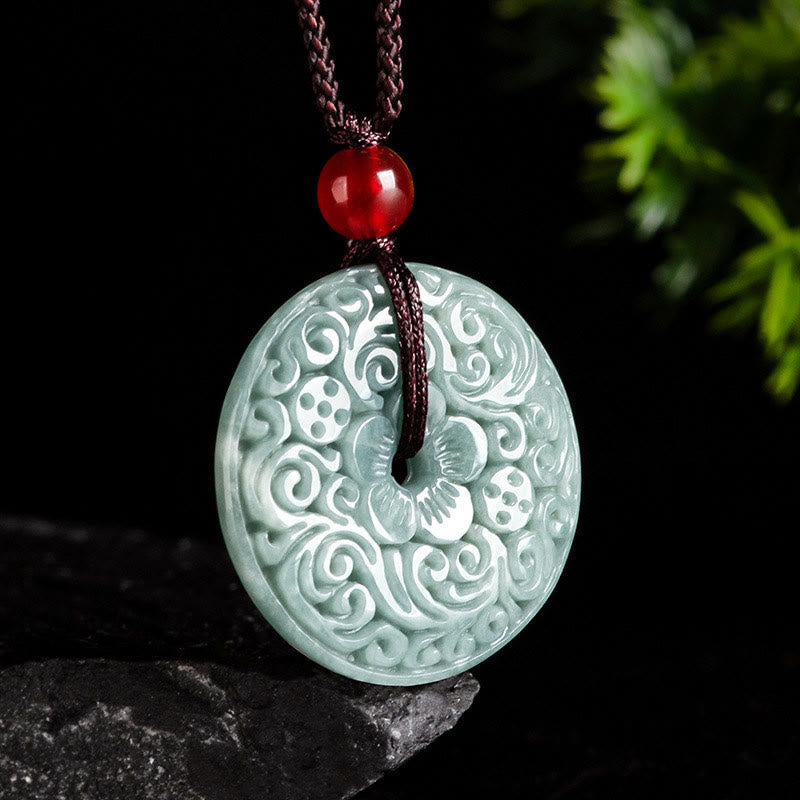 Buddha Stones Zielony Jade Kwiat Rzeźbiony Pokój Klamra Obfitość Naszyjnik Wisiorek