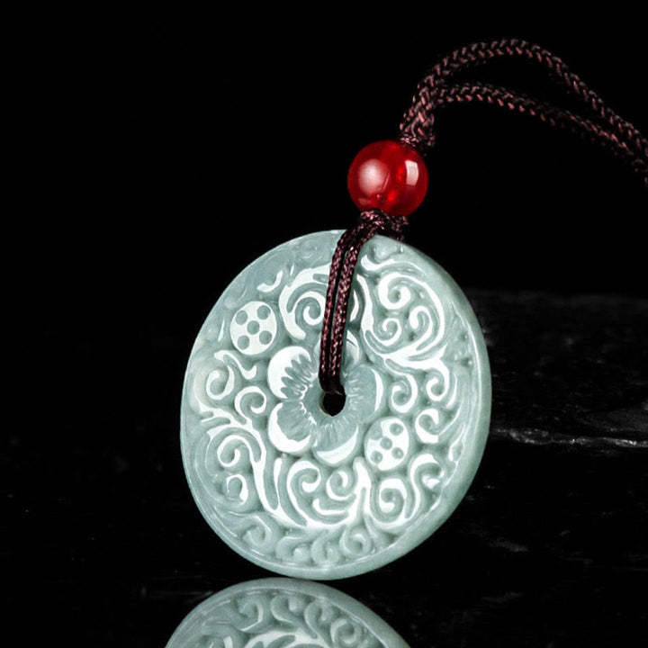 Buddha Stones Zielony Jade Kwiat Rzeźbiony Pokój Klamra Obfitość Naszyjnik Wisiorek - image 1