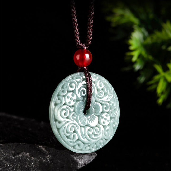 Buddha Stones Zielony Jade Kwiat Rzeźbiony Pokój Klamra Obfitość Naszyjnik Wisiorek