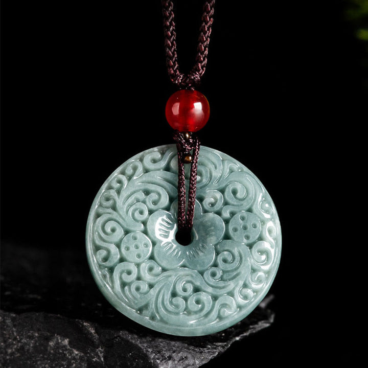 Buddha Stones Zielony Jade Kwiat Rzeźbiony Pokój Klamra Obfitość Naszyjnik Wisiorek