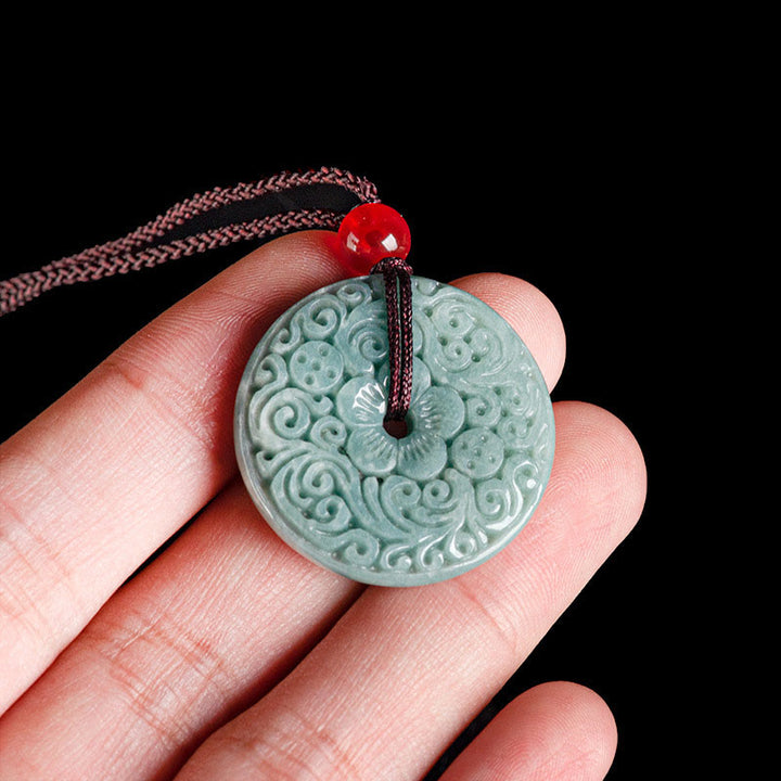 Buddha Stones Zielony Jade Kwiat Rzeźbiony Pokój Klamra Obfitość Naszyjnik Wisiorek