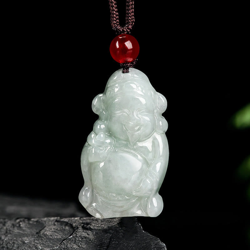 Buddha Stones Naturalny Jadeit Chiński Bóg Bogactwa Caishen Sztabka Szczęścia Naszyjnik Wisiorek