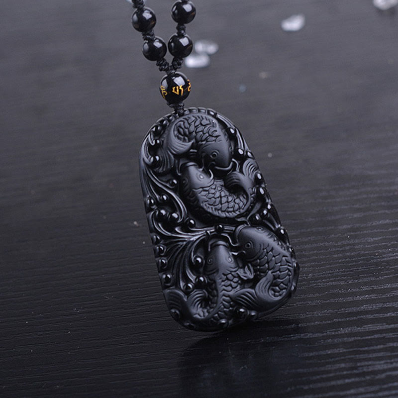 Buddha Stones Czarny Obsydian Koi Ryba Grawerowana Siła Koralikowy Naszyjnik Wisiorek - image 15